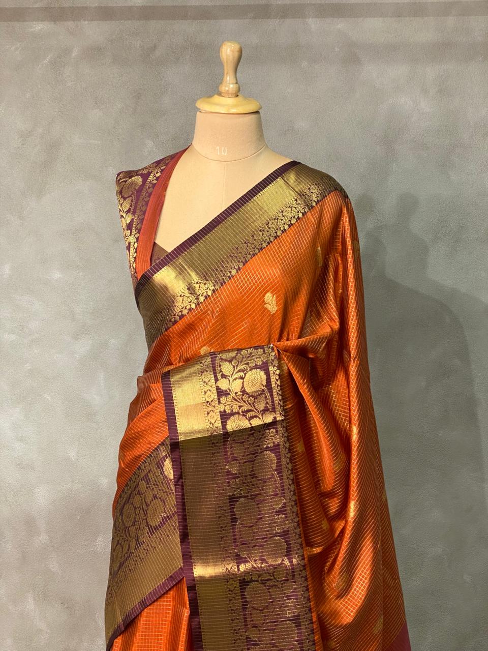 Rust orange and Brown semi Banarasi saree - MPS21-IH