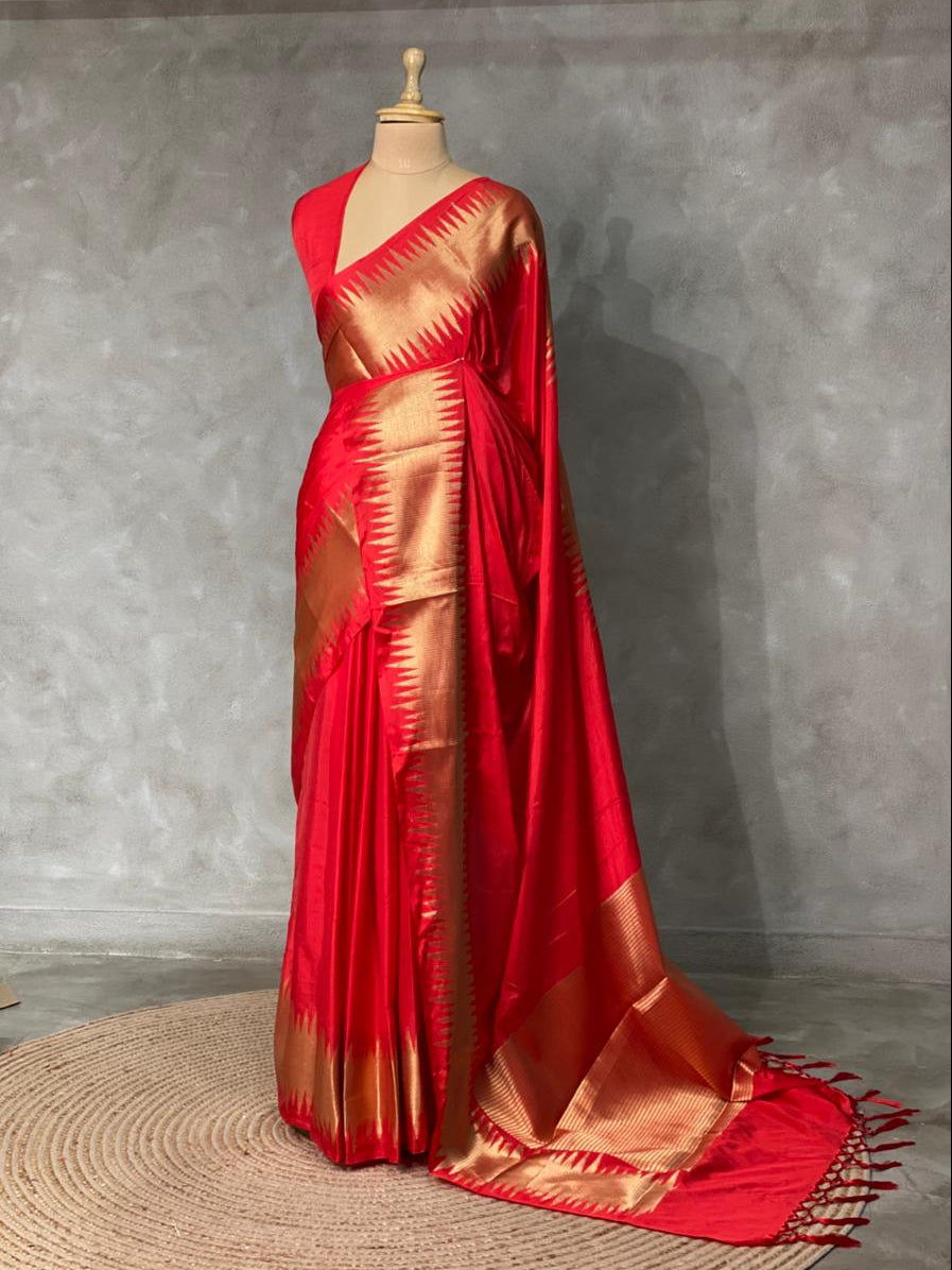 Red Semi katan Banarasi silk saree- MPS23C