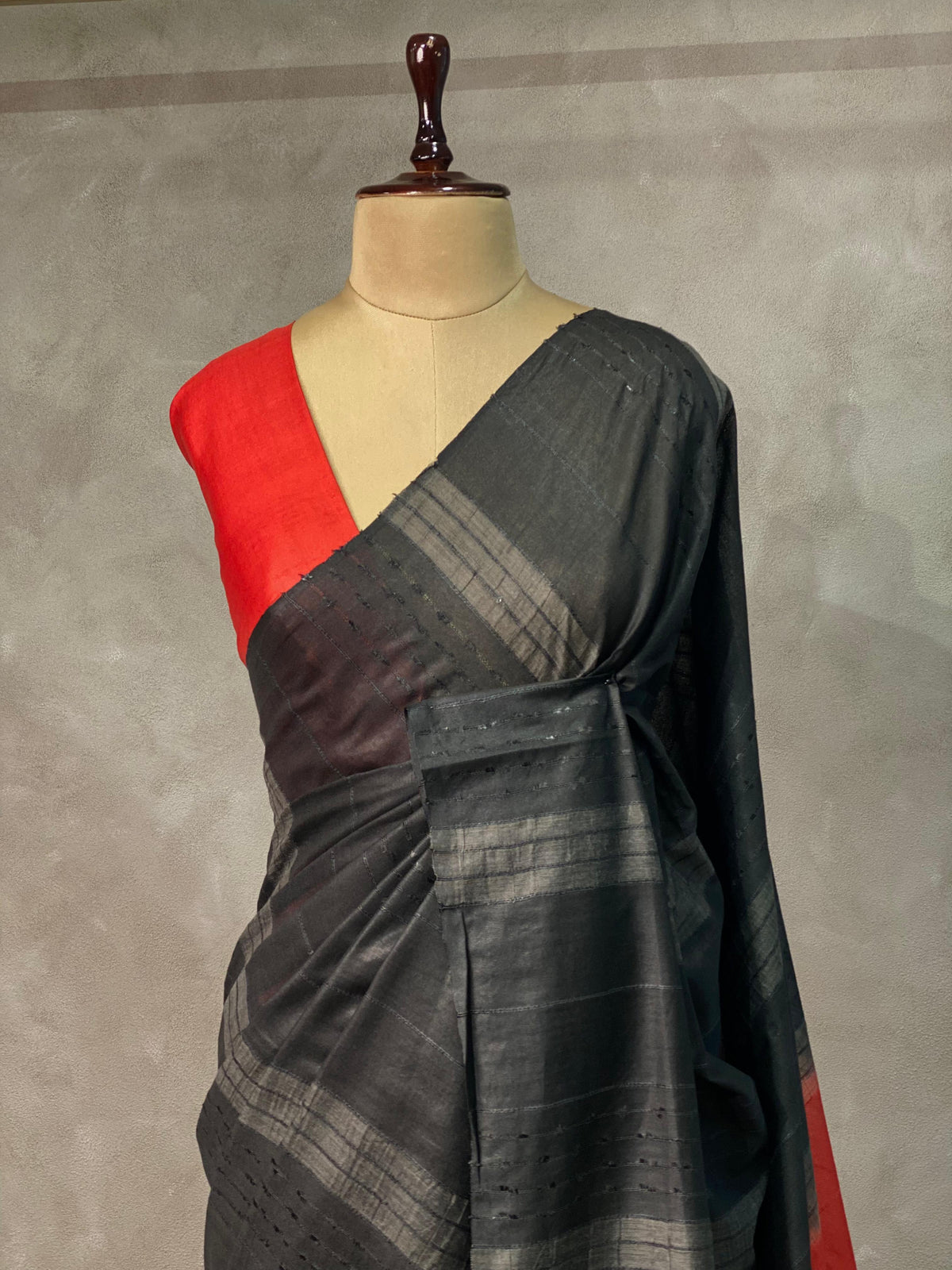 Black and Red Tusser silk saree -SOT5