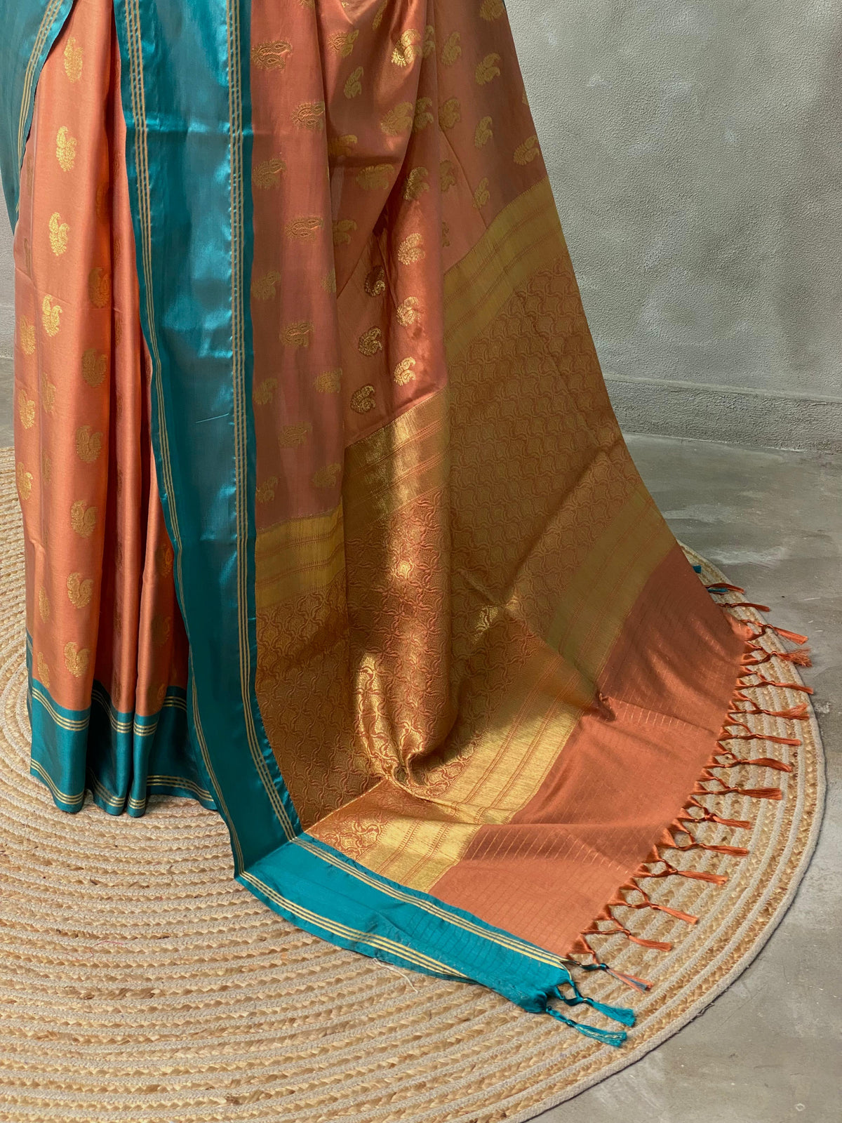 Rusty brown and peacock blue Gajji silk saree -PIH25F