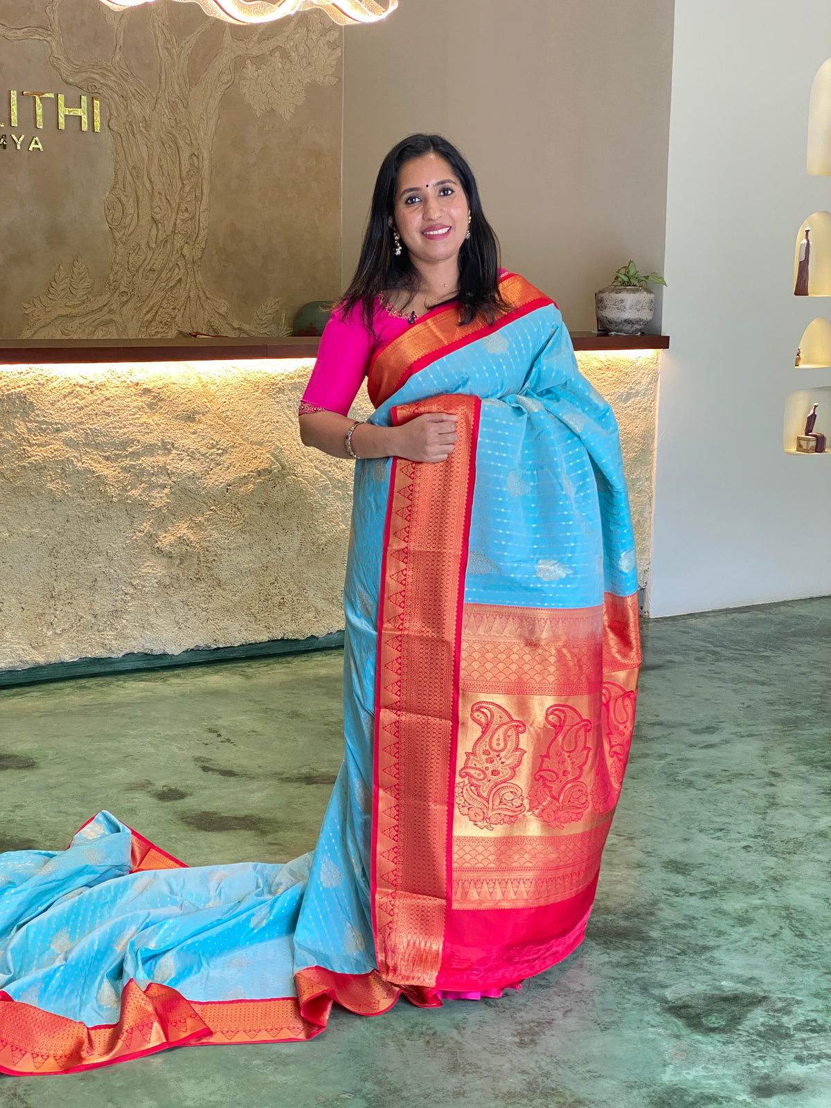 Light blue and red traditional saree - PSS058F