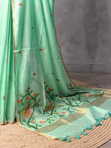 Pista Green Chanderi silk cotton Jamdani woven saree- PBRJ3