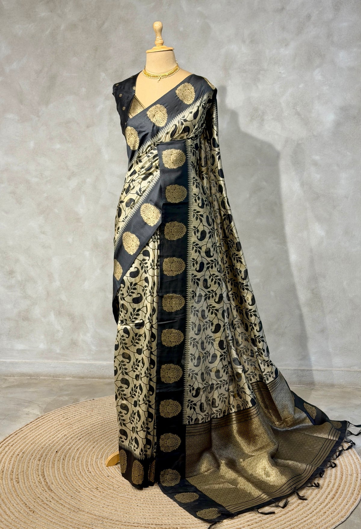 Off white and black tusser silk saree - PBRSS1B