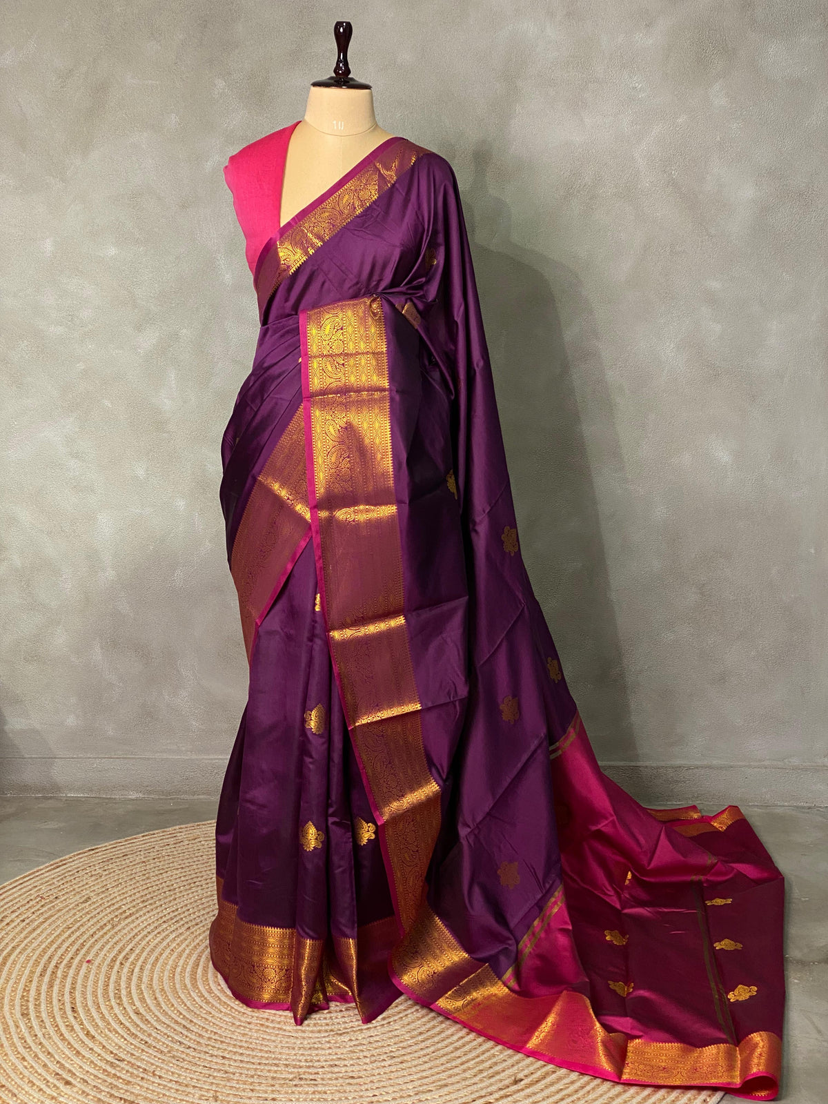 Wine and purple semi kanchipuram soft silk saree - PSSN1