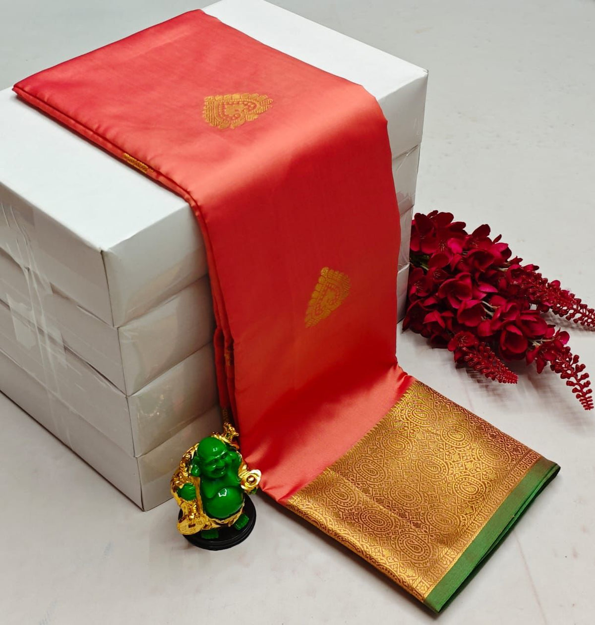 Light peach and green semi Kanchipuram Soft Silk saree - PSSON18B
